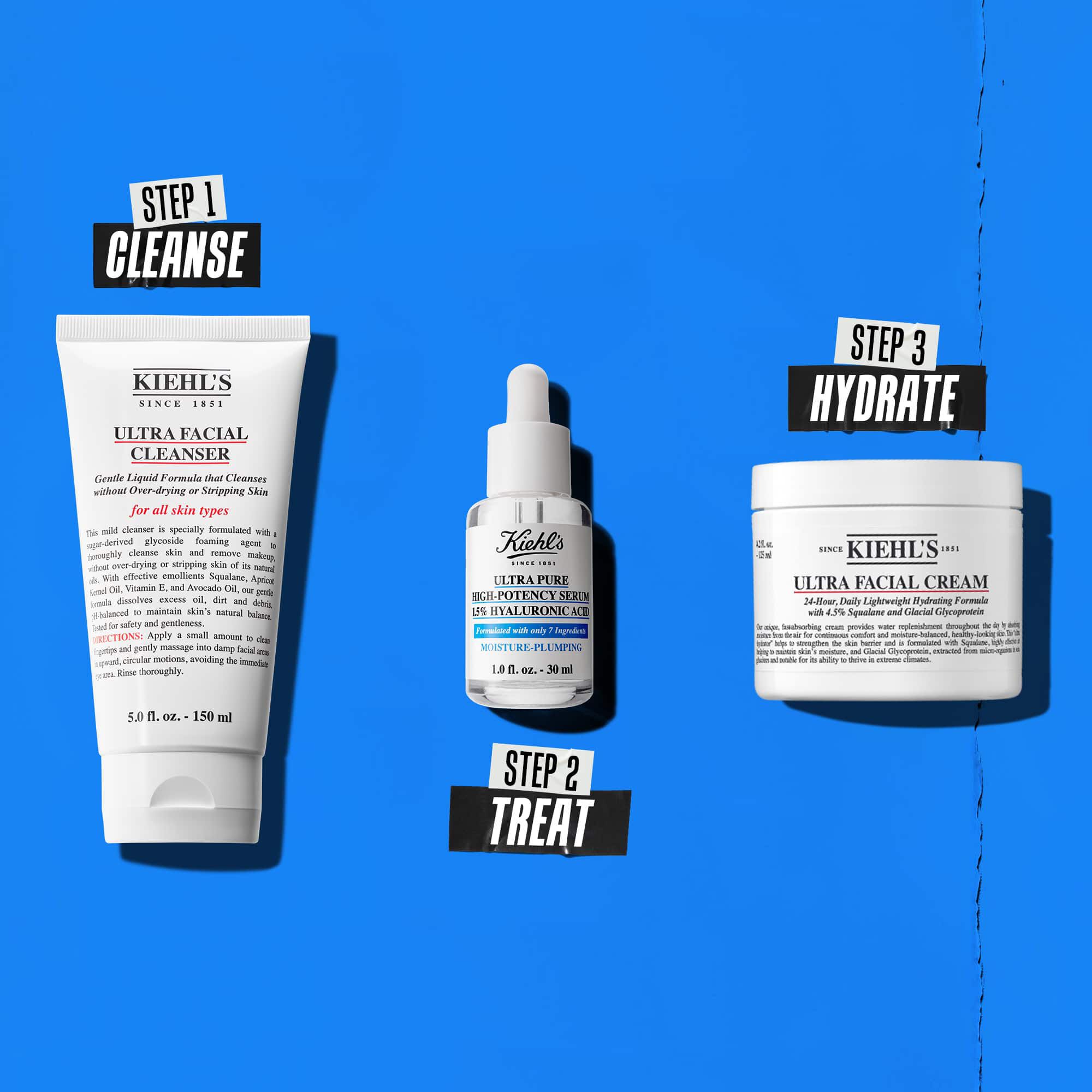 Rutina u tri koraka sa Kiehl's proizvodima. Korak 1: Ultra Facial Cleanser. Korak 2: Serum sa hijaluronskom kiselinom. Korak 3: Ultra Facial Cream.