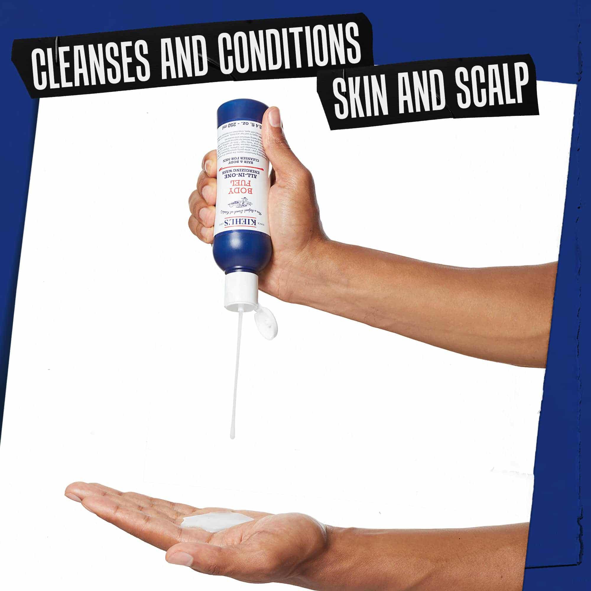 Ruka dozira Body Fuel All-In-One Energizing Wash; čisti i neguje kožu i vlasište.