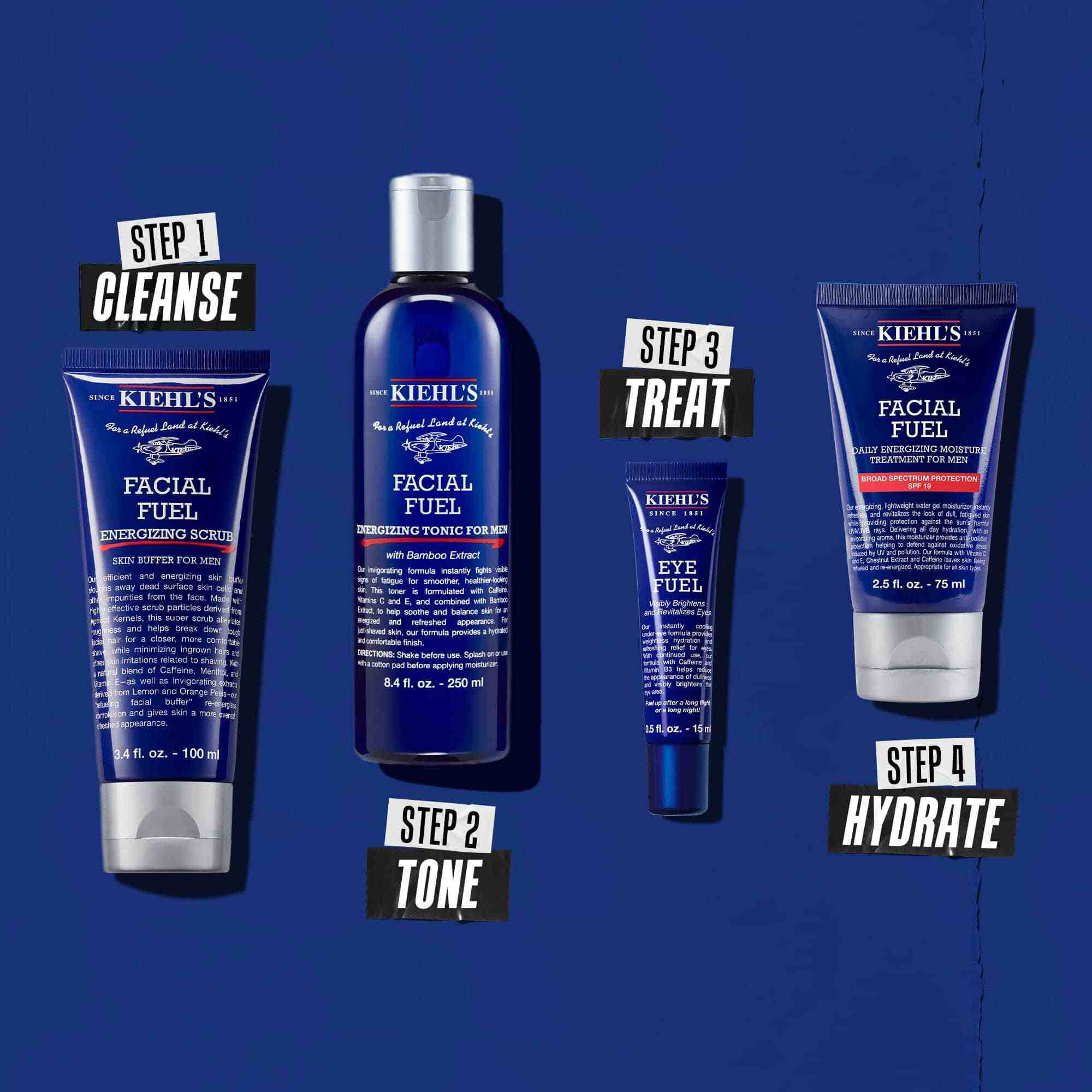 Rutina sa četiri proizvoda za čišćenje, toniranje, tretman i hidrataciju.