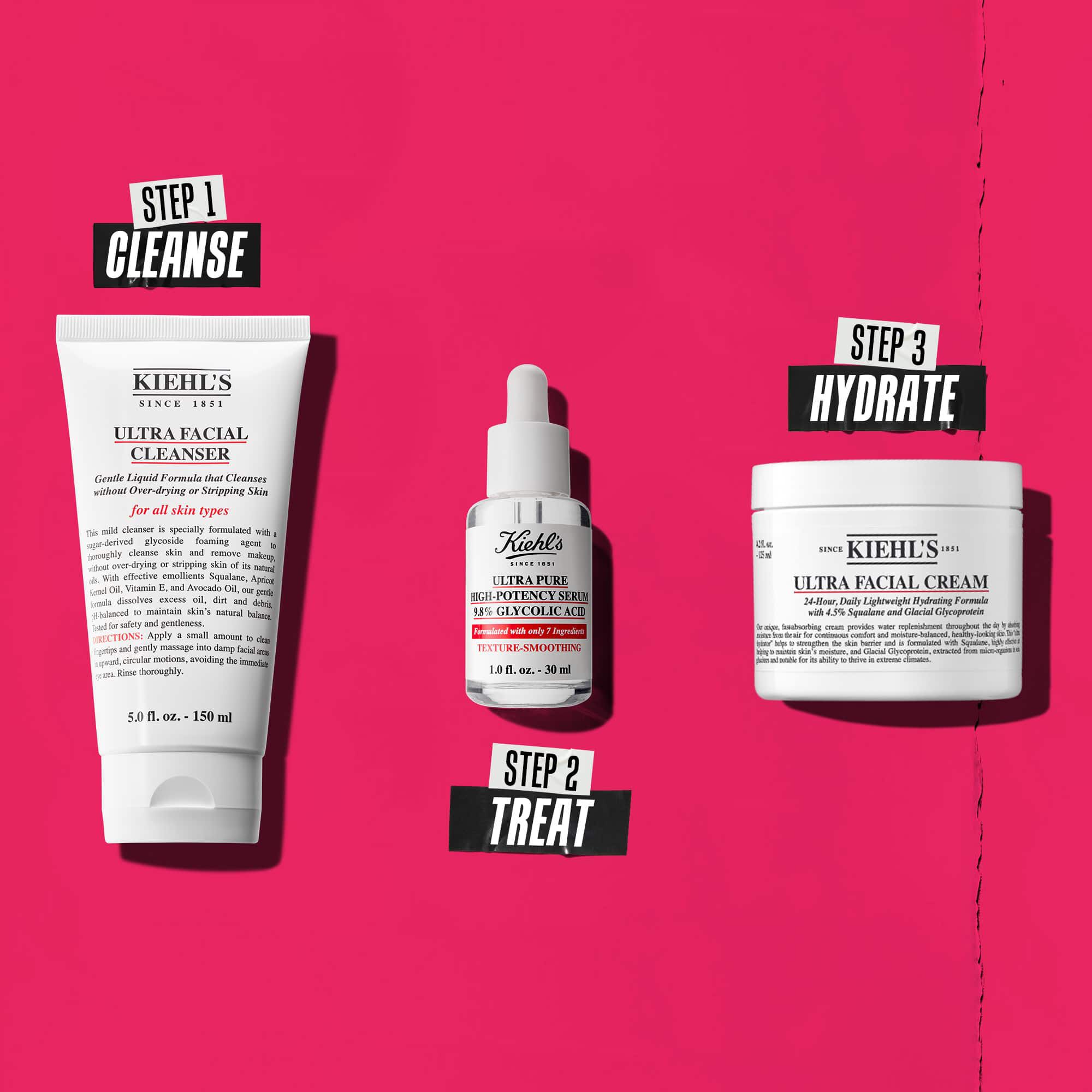 Rutina u tri koraka sa Kiehl's proizvodima. Korak 1: Ultra Facial Cleanser. Korak 2: Serum sa glikolnom kiselinom. Korak 3: Ultra Facial Cream.