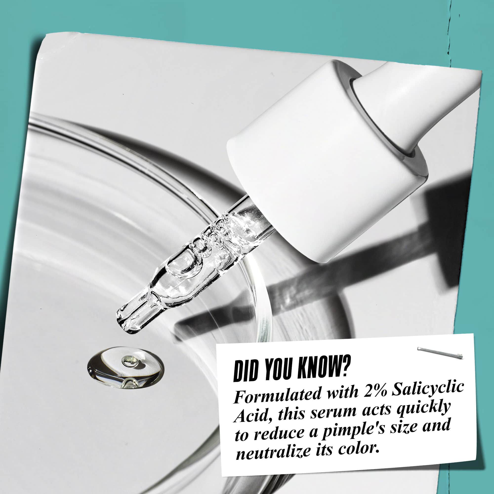 Kapaljka koja dozira Truly-Targeted Blemish-Clearing Solution u staklenu posudu sa tekstom: "Da li ste znali? Formulisano sa 2% salicilne kiseline za smanjenje veličine bubuljica i neutralizaciju njihove boje."