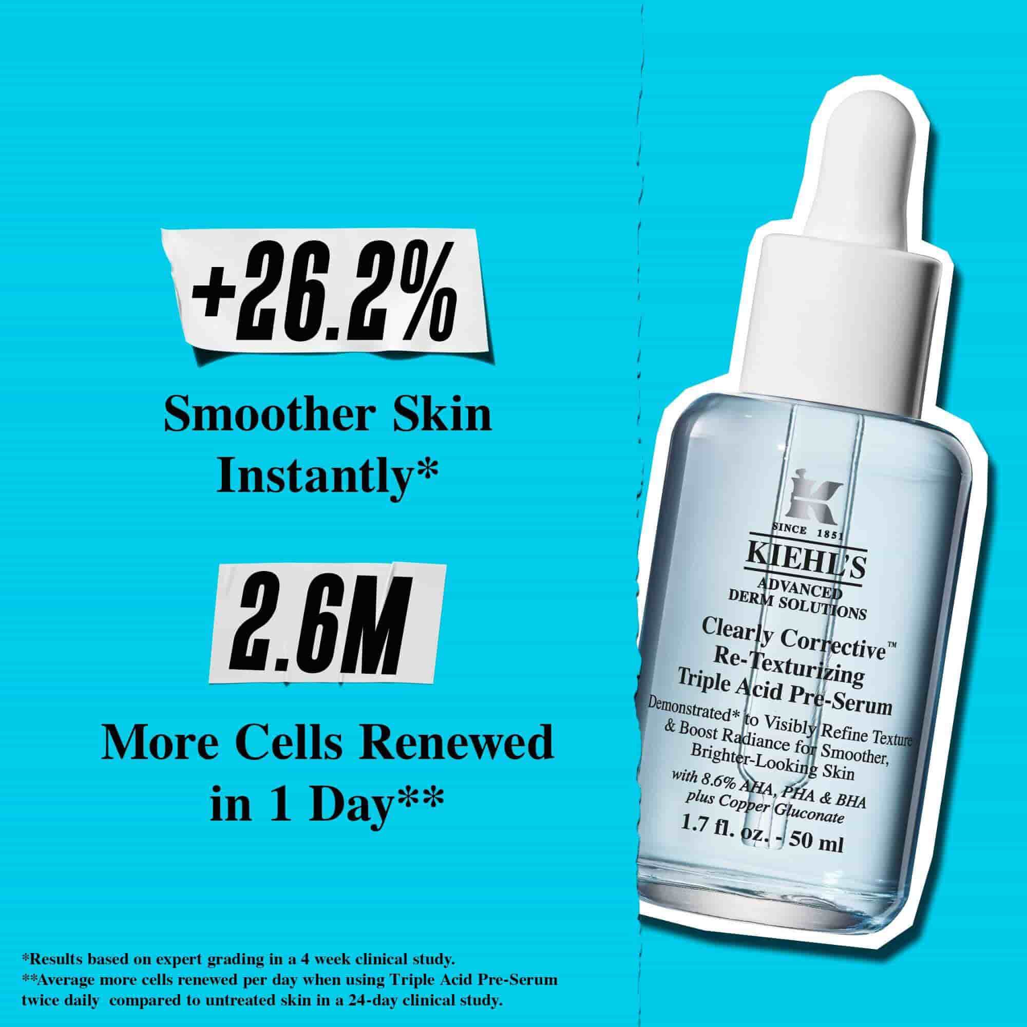 Bočica Clearly Corrective Triple Acid Peel na plavoj pozadini sa tekstom: „+41% glađa tekstura.”