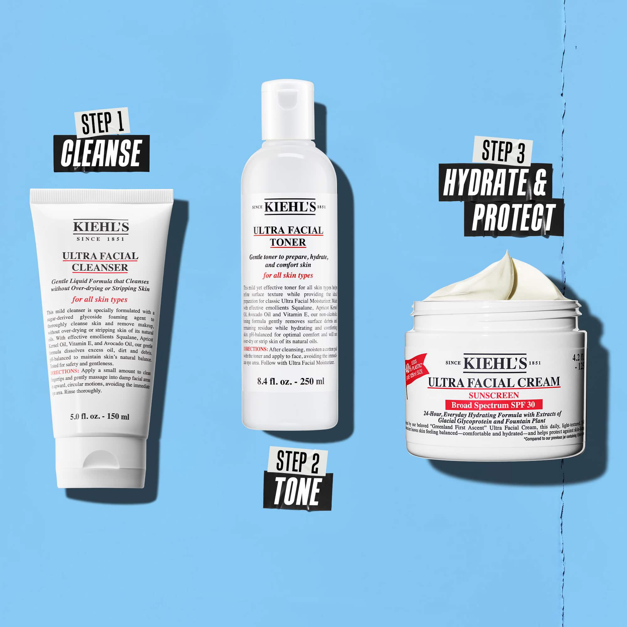 Rutina u tri koraka sa Kiehl's proizvodima. Korak 1: Ultra Facial Cleanser. Korak 2: Ultra Facial Toner. Korak 3: Ultra Facial Cream SPF 30.
