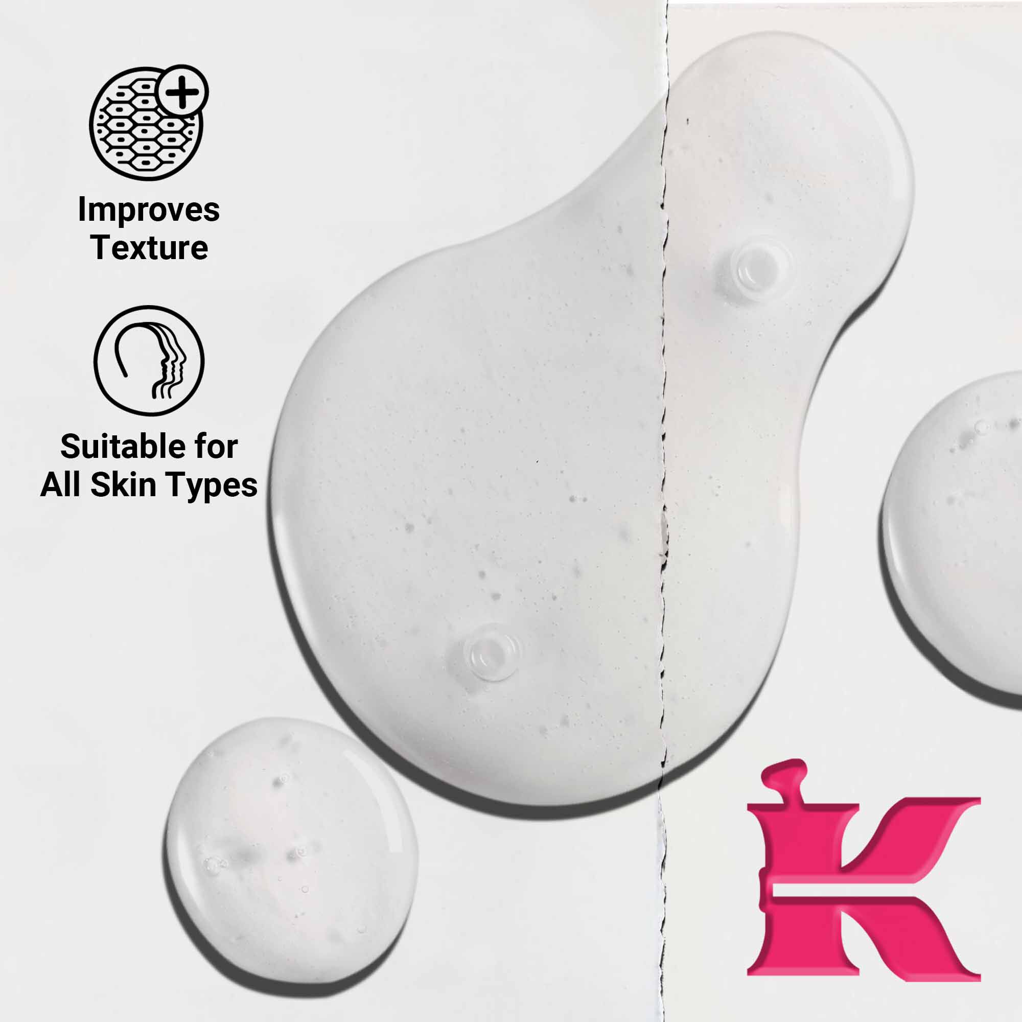 Krupni plan teksture Ultra Pure 9.8% Glycolic Acid Serum koja prikazuje prozirne tečne kapljice. Tekst ističe sposobnost poboljšanja teksture i pogodnost za sve tipove kože.