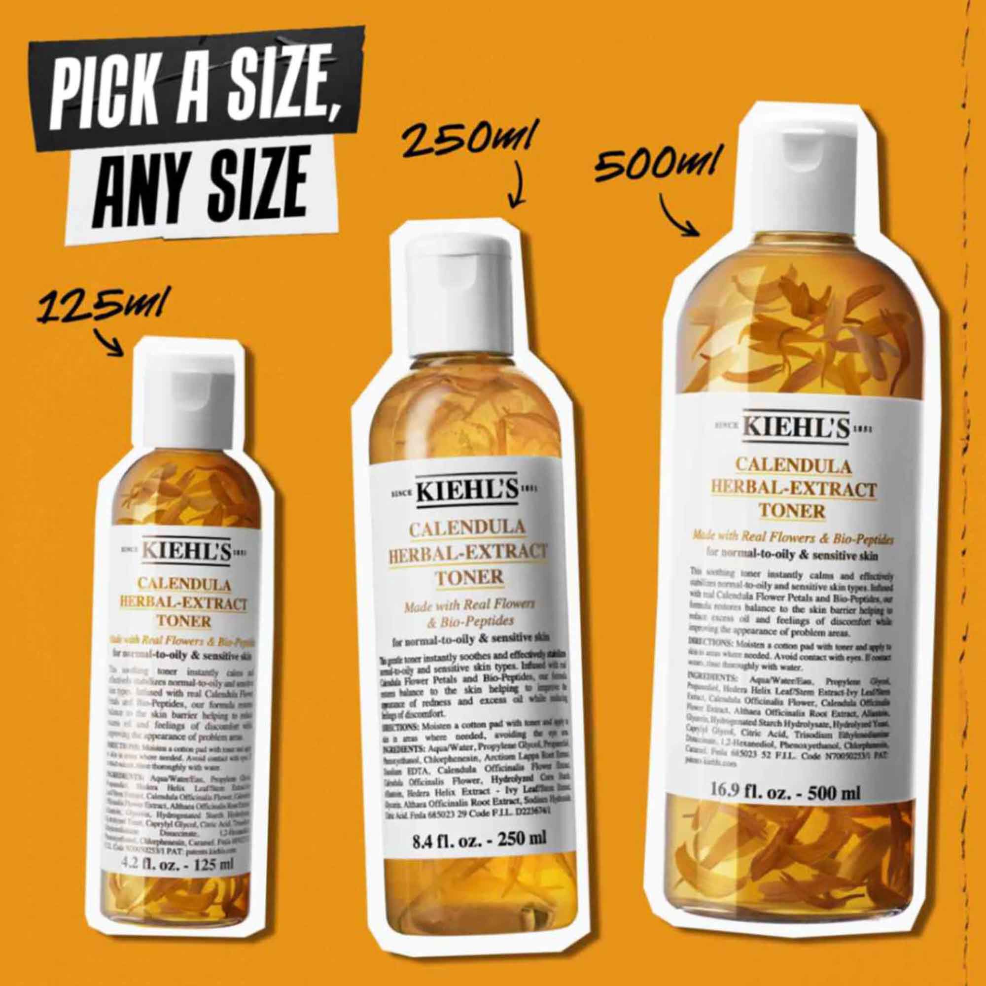 Tri bočice Calendula Herbal-Extract tonera u različitim veličinama (125 ml, 250 ml, 500 ml) na narandžastoj pozadini sa tekstom "Izaberite veličinu, bilo koju veličinu."