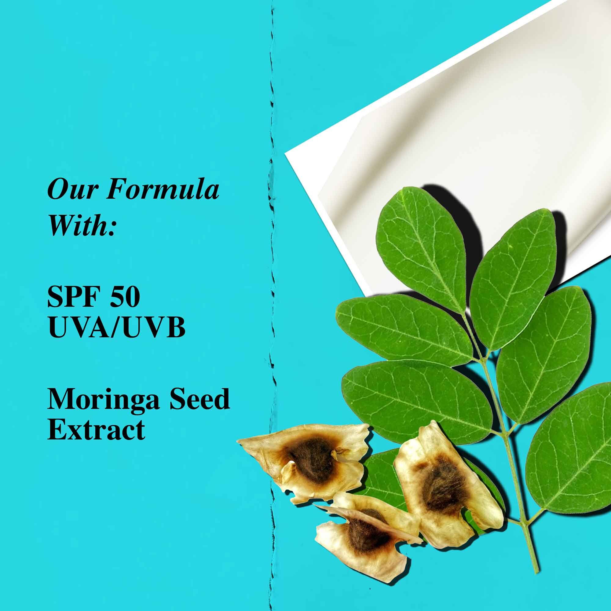 Prikaz koji ističe ključne sastojke Ultra Light Daily UV Defense Aqua Gel, uključujući SPF 50 i ekstrakt semena moringe.