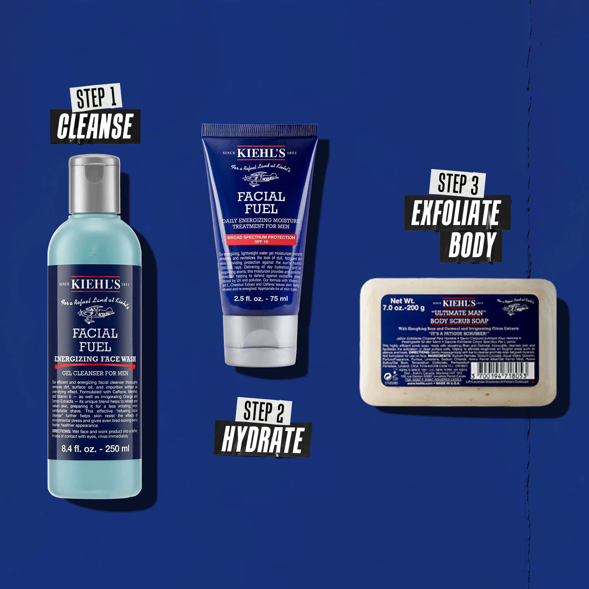Tri Kiehl's proizvoda koja predstavljaju rutinu. S leva na desno: Facial Fuel Cleanser, Facial Fuel Moisturizer i Ultimate Man Body Scrub Soap.