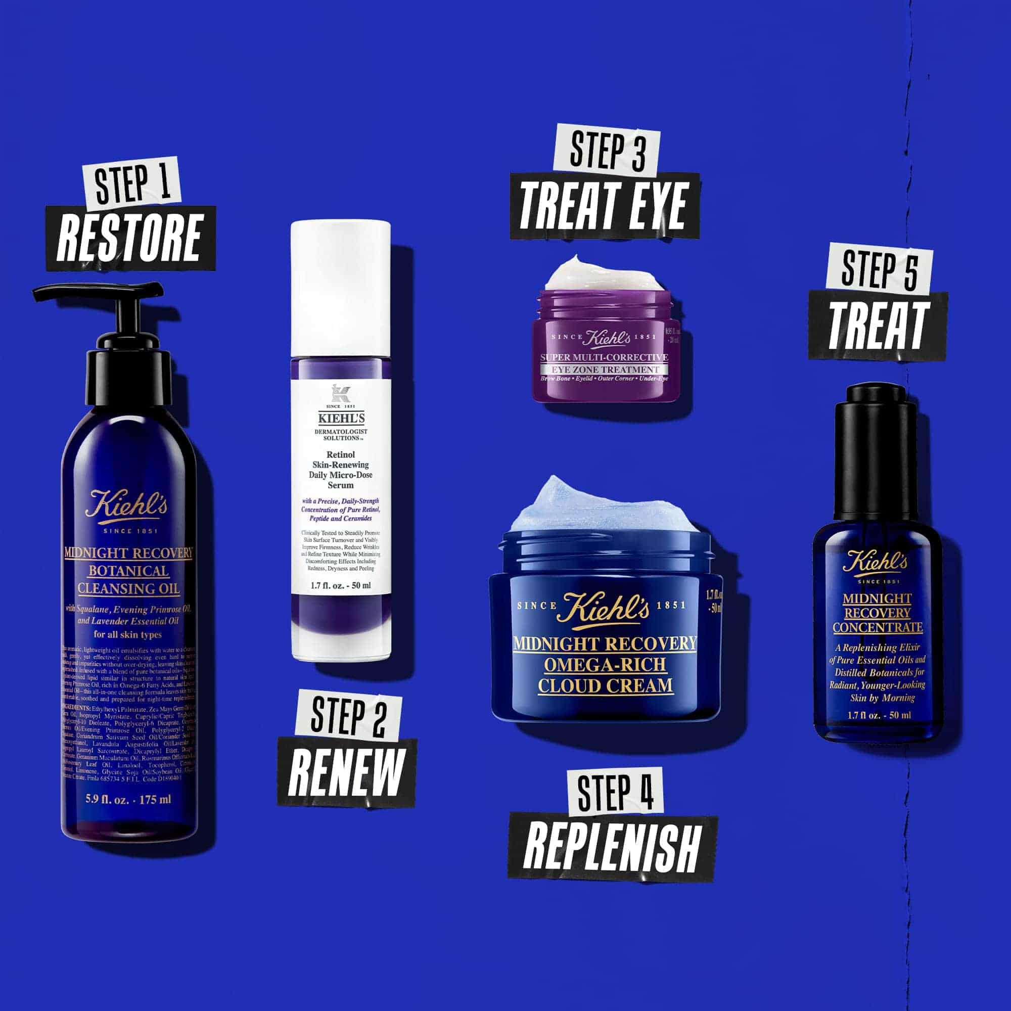 Noćna rutina u pet koraka sa Kiehl's proizvodima. S leva na desno: sredstvo za čišćenje, retinol serum, krema za oči, hidratantna krema i Midnight Recovery Concentrate.