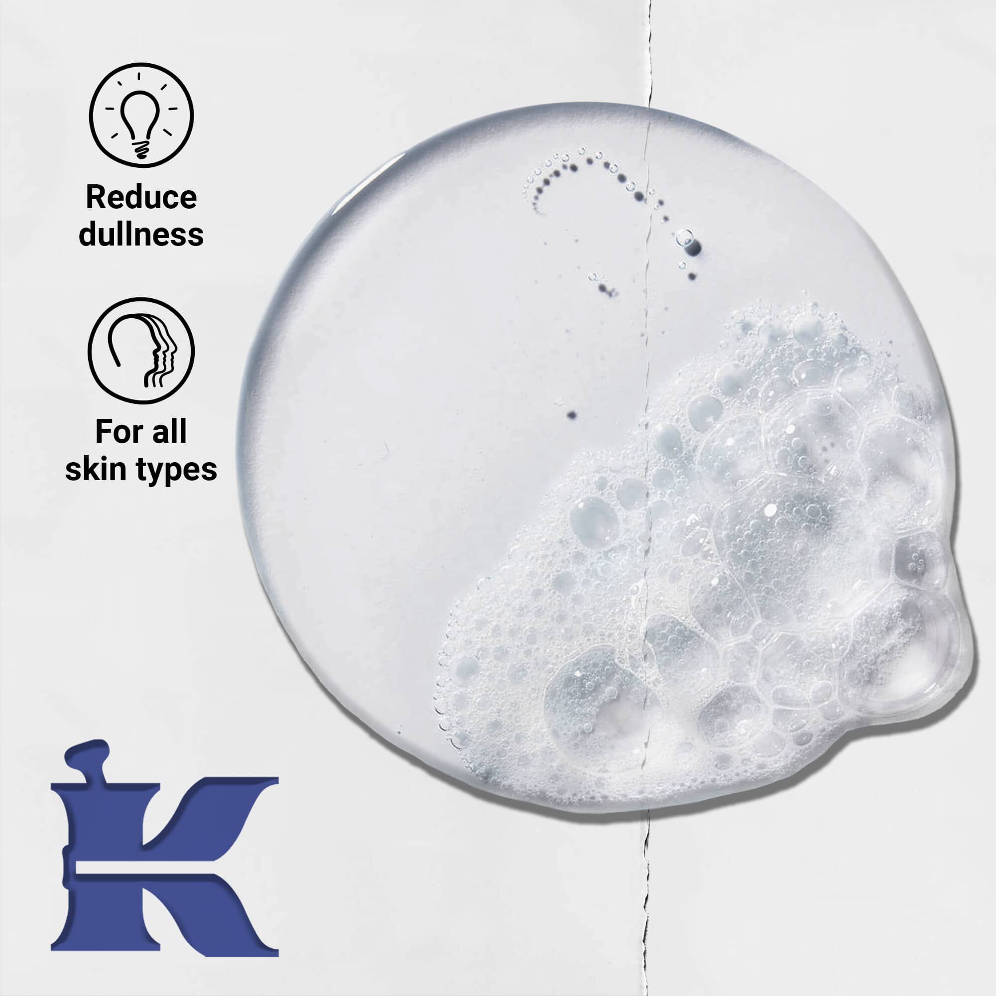 Fotografija teksture Facial Fuel sa ikonama koje navode da smanjuje umoran izgled kože i da je za sve tipove kože