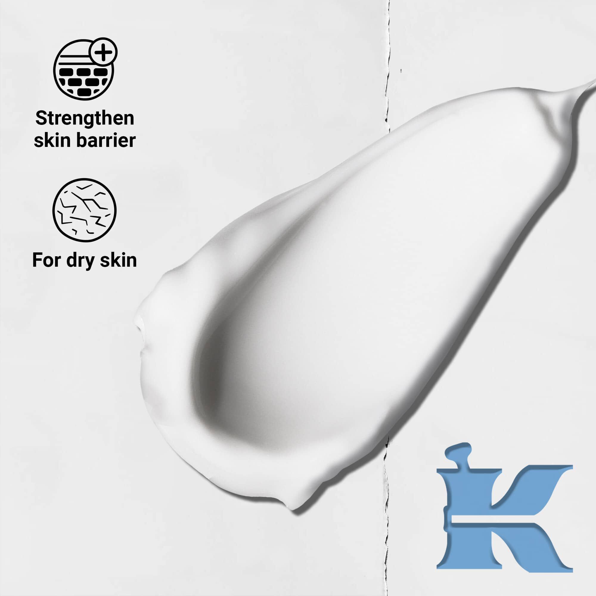 Fotografija teksture sa ikonama koje navode da jača kožnu barijeru i da je za suvu kožu