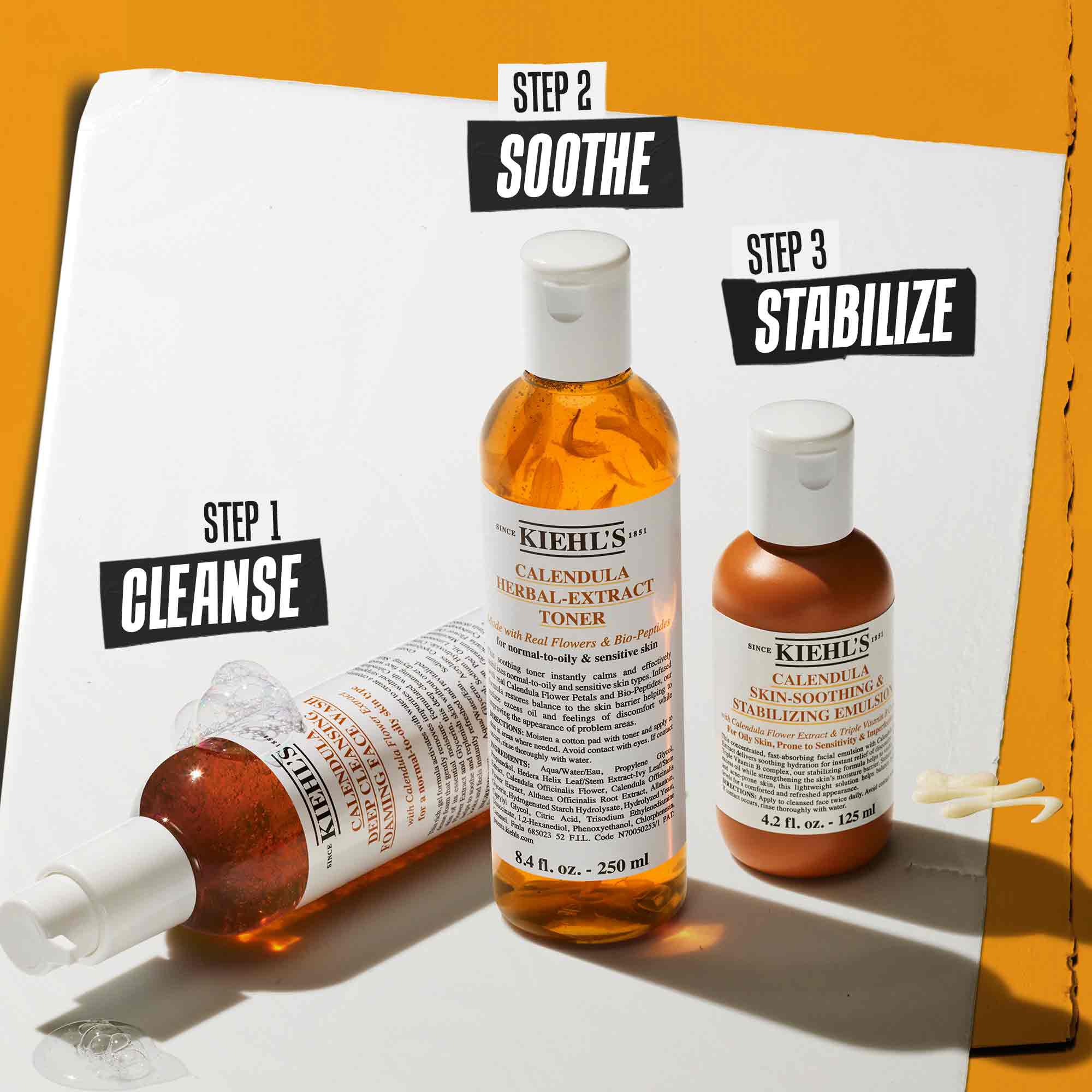 Rutina u tri koraka sa Kiehl's proizvodima. Korak 1: Calendula Deep Cleansing Foaming Wash. Korak 2: Calendula Herbal-Extract Toner. Korak 3: Calendula Skin Soothing Stabilizing Emulsion.