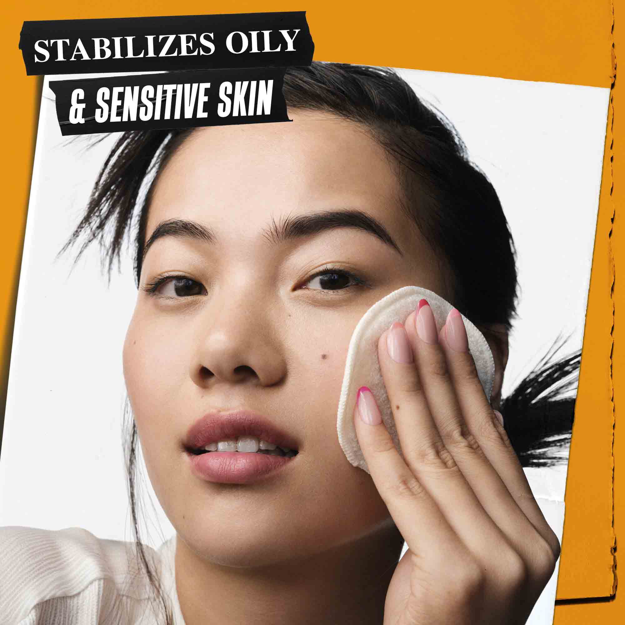 Osoba nanosi Calendula Herbal-Extract toner na kožu. Tekst naglašava njegovu sposobnost da stabilizuje masnu i osetljivu kožu.