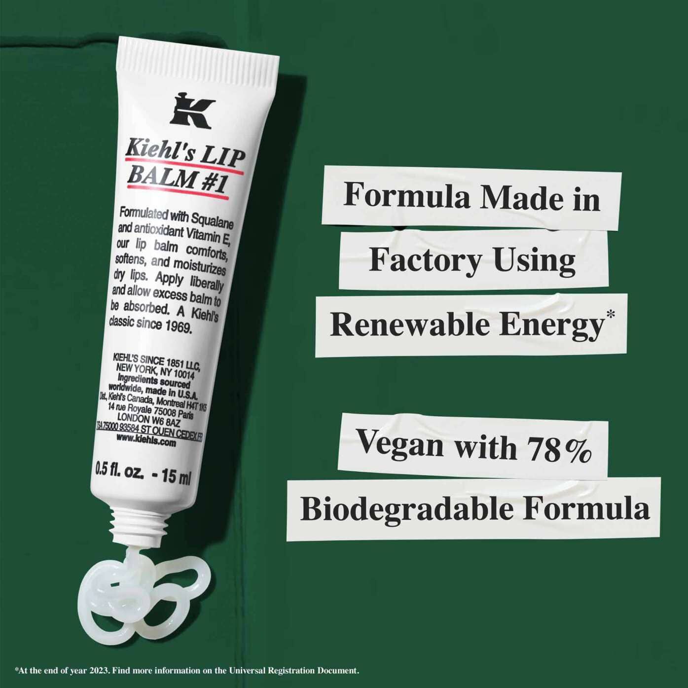 Tuba Lip Balm #1 balzama sa tekstom koji ističe održivost: „Formula proizvedena u fabrici uz obnovljivu energiju” i „Veganska sa 78% biorazgradivom formulom”.