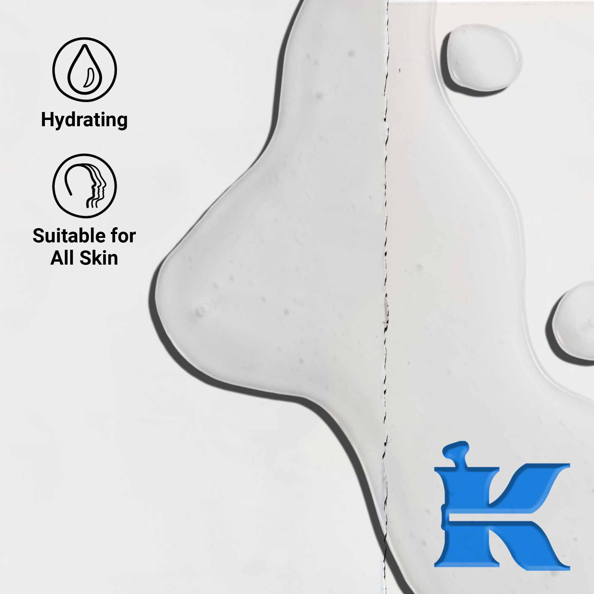 Krupni plan teksture Ultra Pure 1.5% Hyaluronic Acid Serum koja prikazuje prozirne tečne kapljice. Tekst ističe hidratantne prednosti i pogodnost za sve tipove kože.