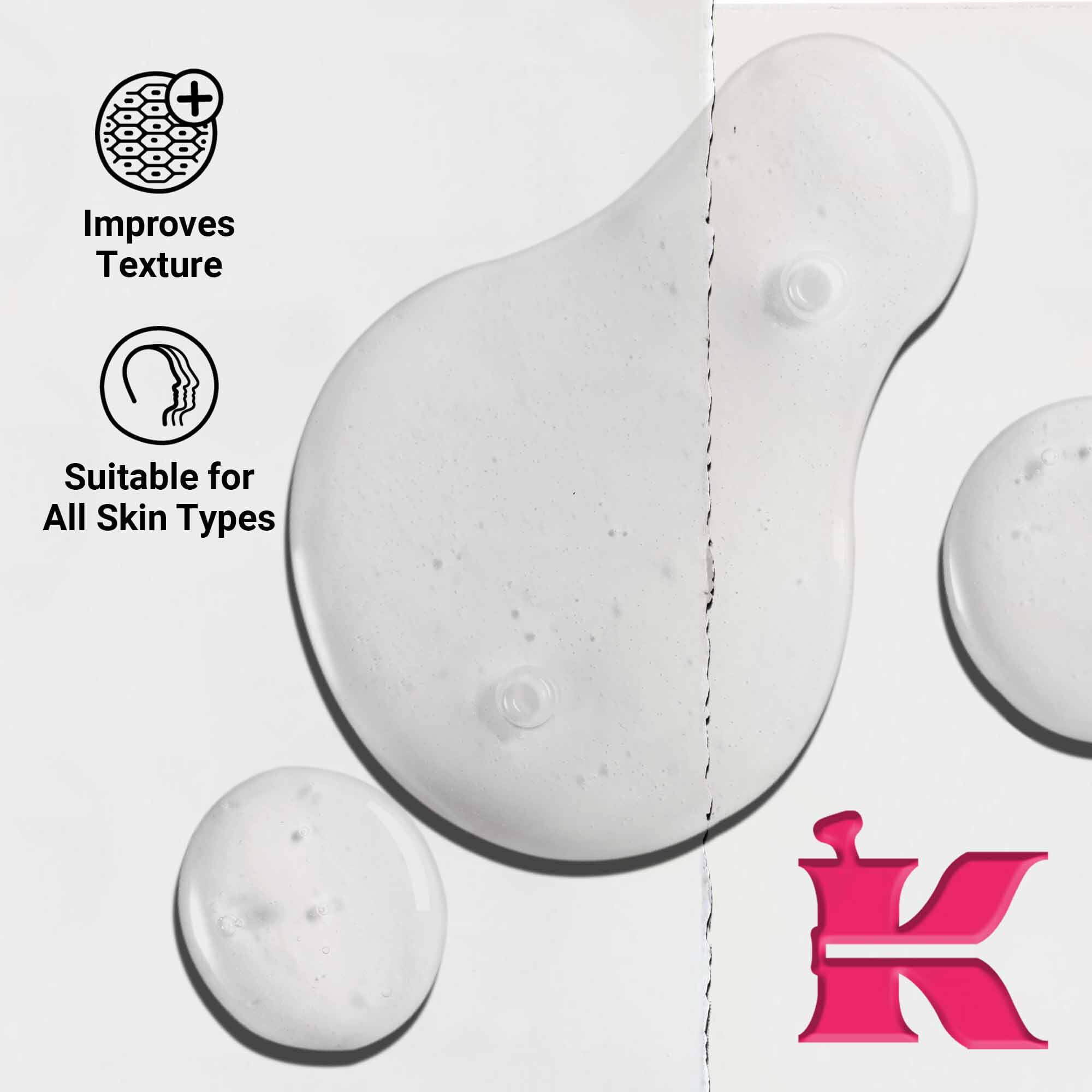 Krupni plan teksture Ultra Pure 9.8% Glycolic Acid Serum koja prikazuje prozirne tečne kapljice. Tekst ističe sposobnost poboljšanja teksture i pogodnost za sve tipove kože.