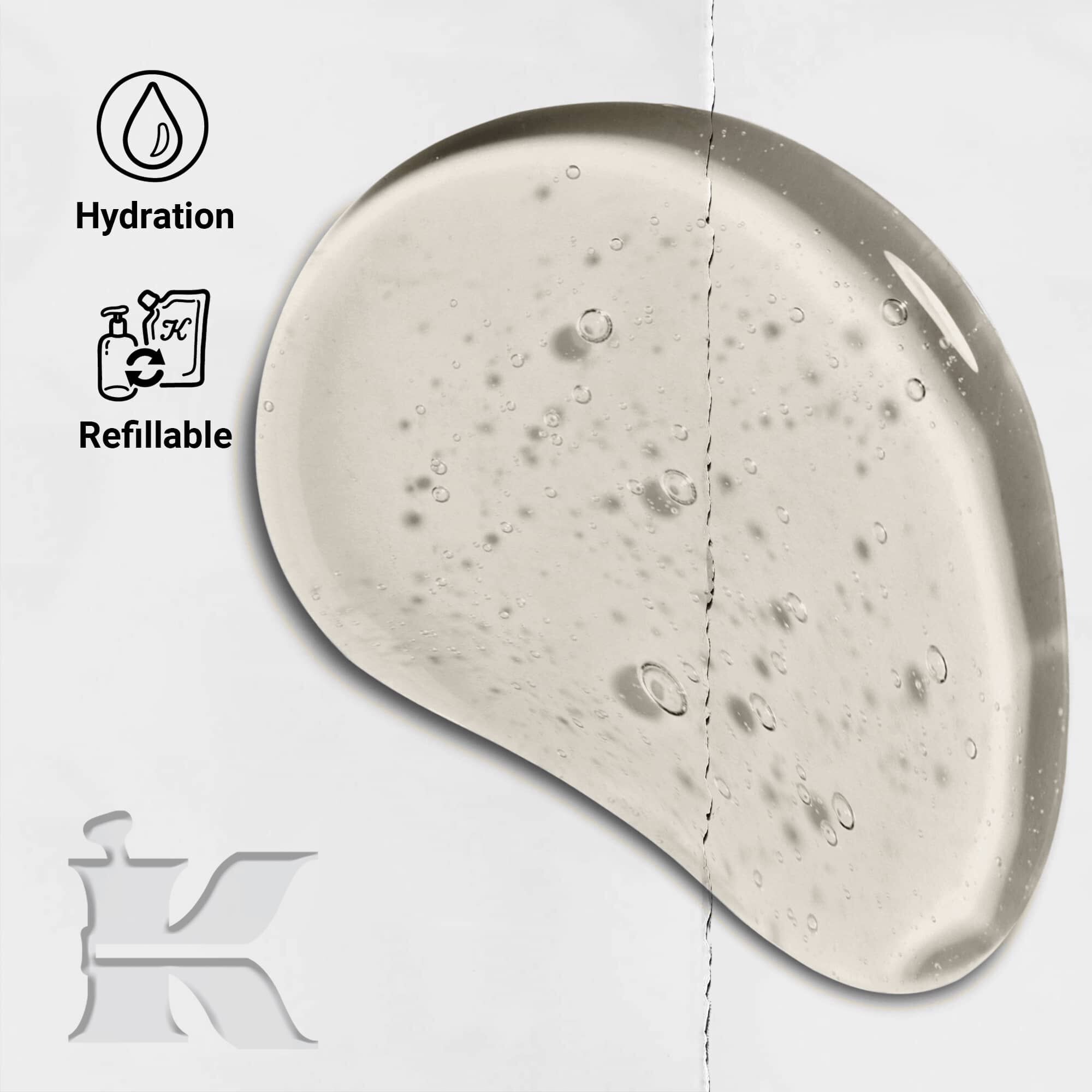 Fotografija teksture Amino Acid šampona sa ikonama koje pokazuju da se može dopuniti i nudi hidrataciju