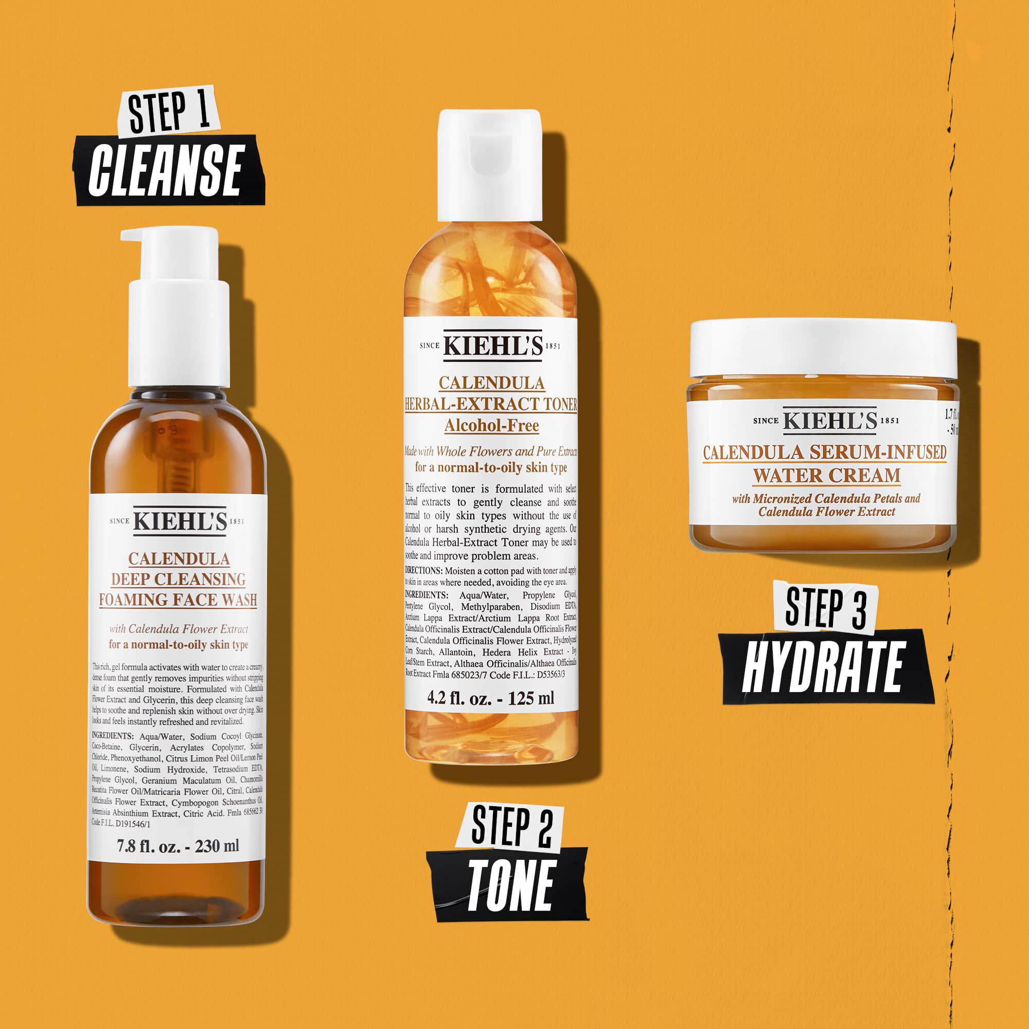 Ilustracija rutine sa Kiehl's Calendula Foaming Face Wash gelom – čišćenje, toniranje, hidratacija