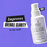 Kiehl’s Emulsion bottle with New! Text and +XX% Overall Clarity in One Week claim