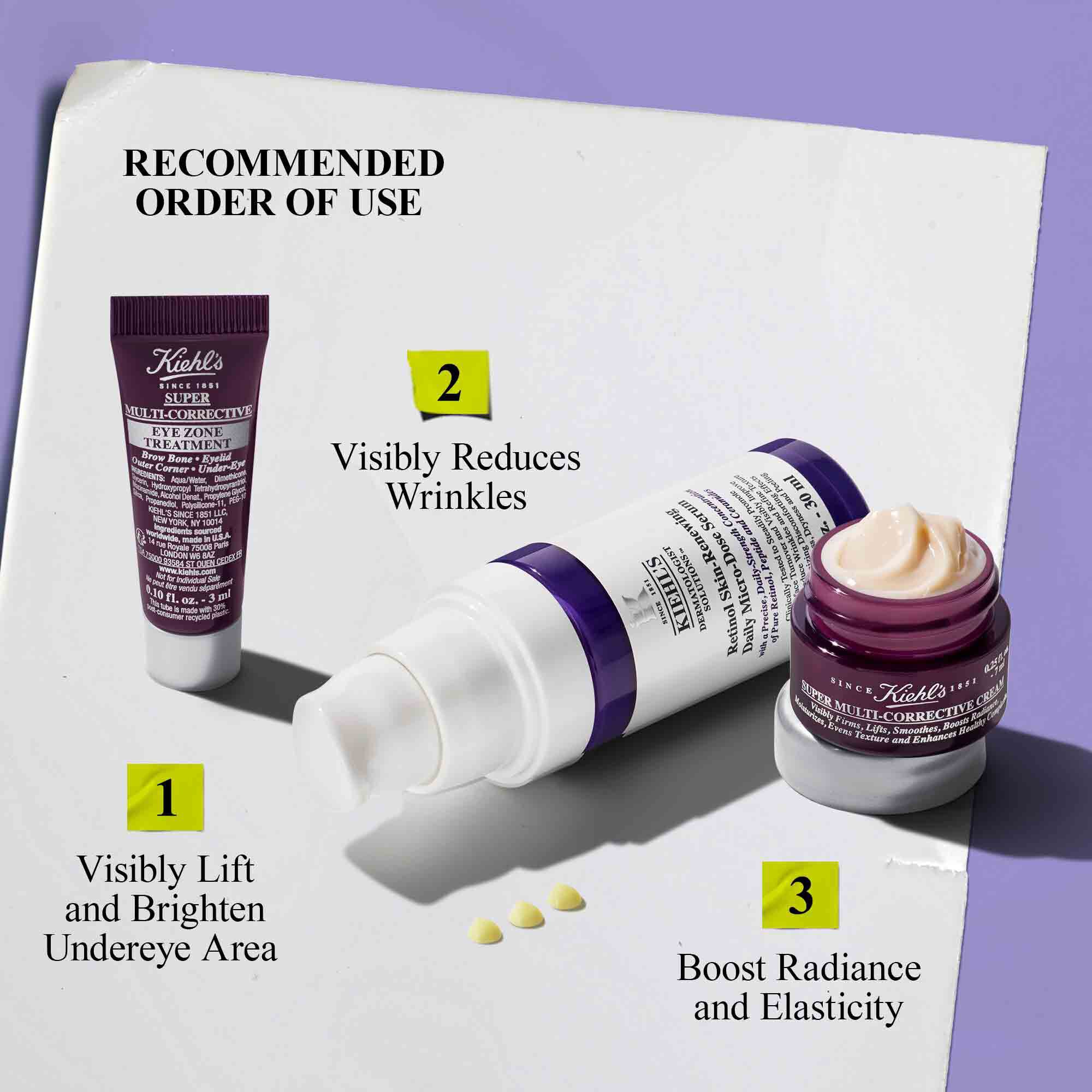 Kiehl's recommended anti-aging skincare with under-eye cream, retinol serum for wrinkles, and multi-corrective cream for radiance and elasticity.​