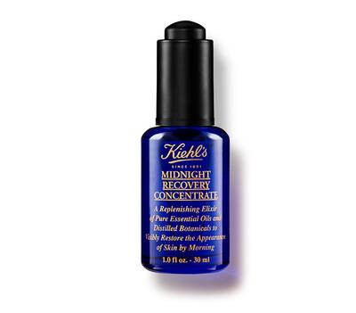 Boca Kiehl's Midnight Recovery Concentrate sa kapicom, plave boje, namenjena obnavljanju kože tokom noći.
