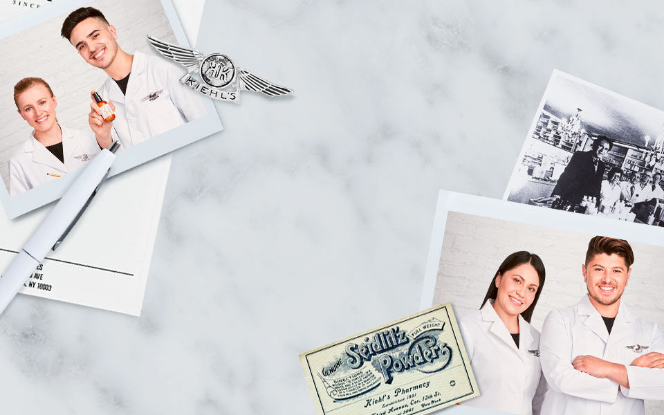 A collage featuring two smiling individuals in lab coats holding a product, surrounded by black-and-white photos and sketches, with a marble background and decorative elements.