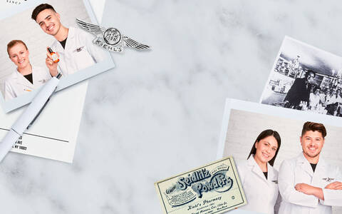 A collage featuring two smiling individuals in lab coats holding a product, surrounded by black-and-white photos and sketches, with a marble background and decorative elements.