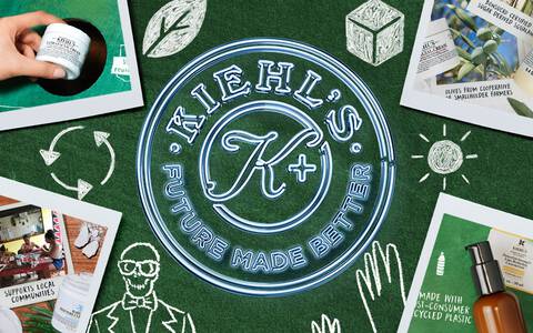 A collage featuring Kiehl's branding elements, product images, and illustrations on a green background. The design incorporates various graphics, including skincare products and eco-friendly themes.