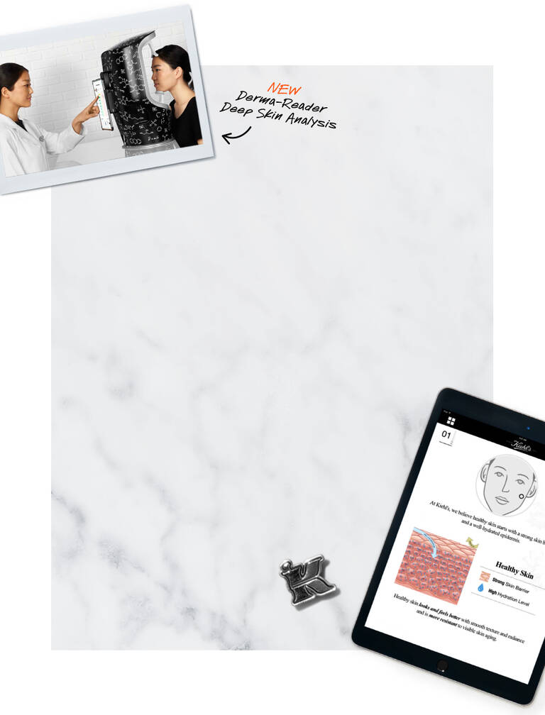 Image showing a side-by-side comparison of a woman using a skin analysis tool and a digital tablet displaying information about skin health. The photo has a marble background and includes handwritten text indicating a new "Dermal-Reader Deep Skin Analysis" feature.
