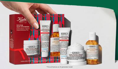 Kiehl's praznični poklon set koji sadrži Ultra Facial Cream, Ultra Facial Barrier-Hydrating Cleanser i Calendula Herbal-Extract Toner, prikazan sa cenovnom oznakom.