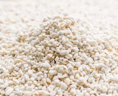 A close-up of a mound of small, white pebbles or granules, creating a textured surface.