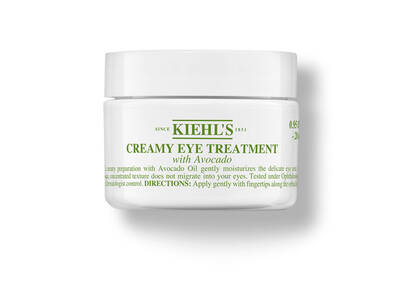 Bela posuda sa kremom za oči Kiehl's, obogaćenom uljem avokada, namenjena hidrataciji delikatne kožu oko očiju.