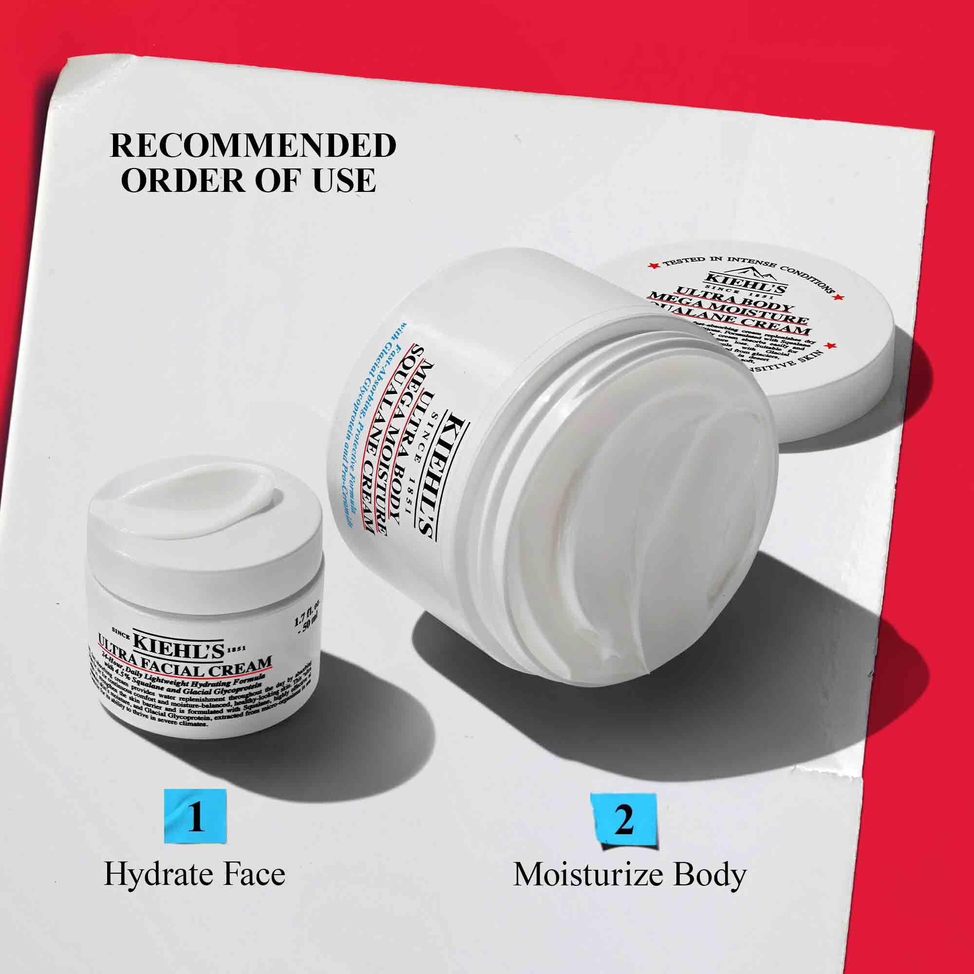 Kiehl's recommended order of use: Ultra Facial Cream to hydrate face, followed by Ultra Body Mega Moisture Squalane Cream to moisturize the body.​