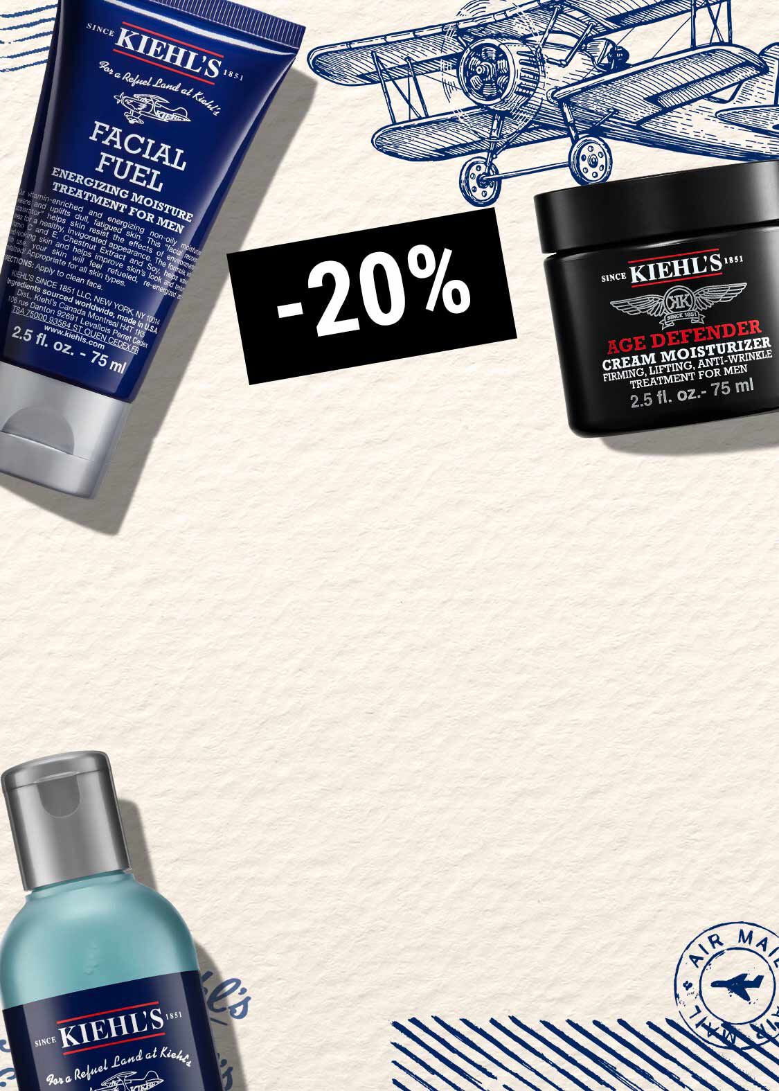 Vizual sa belom pozadinom, skicom aviona i Kiehl's proizvodima.