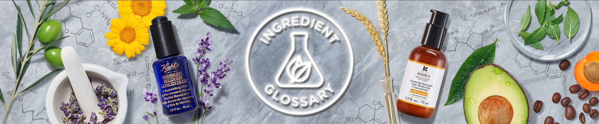 A flat lay image featuring various skincare products, including bottles with blue and amber liquids, surrounded by natural ingredients like flowers, olives, avocado, and herbs, with a white "Ingredient Glossary" logo in the center.