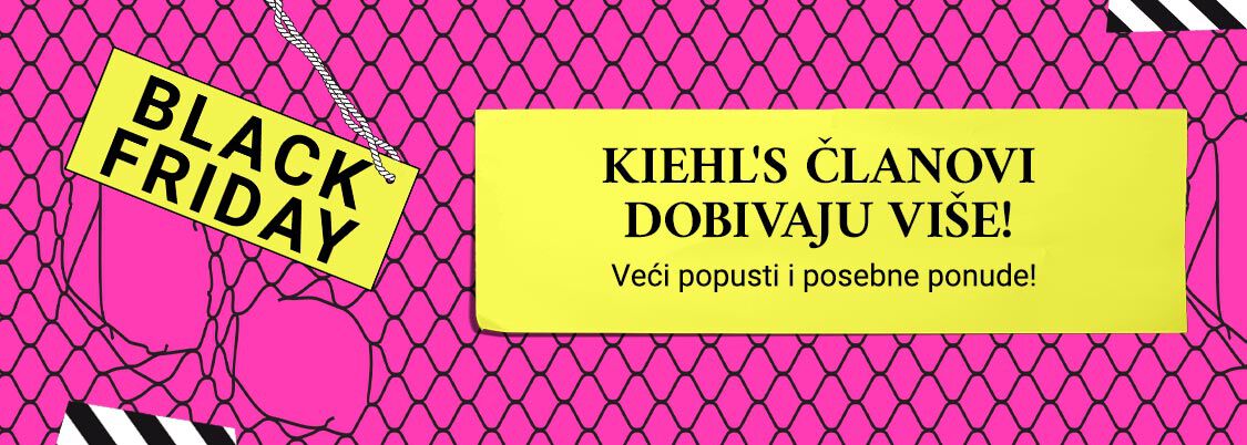 Alt text: "Plakat za Black Friday sa žutim natpisom 'Kiehl's članovi dobijaju više!' na ružičastoj pozadini."