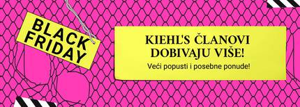 Alt text: "Plakat za Black Friday sa žutim natpisom 'Kiehl's članovi dobijaju više!' na ružičastoj pozadini."