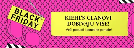 Alt text: "Plakat za Black Friday sa žutim natpisom 'Kiehl's članovi dobijaju više!' na ružičastoj pozadini."