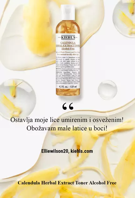 A bottle of Kiehl's Calendula Herbal-Extract Toner surrounded by calendula petals, accompanied by a customer testimonial about the product's refreshing qualities.