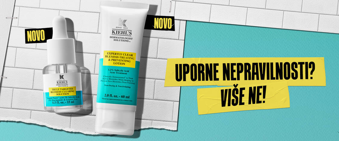 Reklama za proizvode za kožu protiv nepravilnosti, uključujući serum i losion, sa sloganom "Više ne!" na vibrantnoj pozadini.