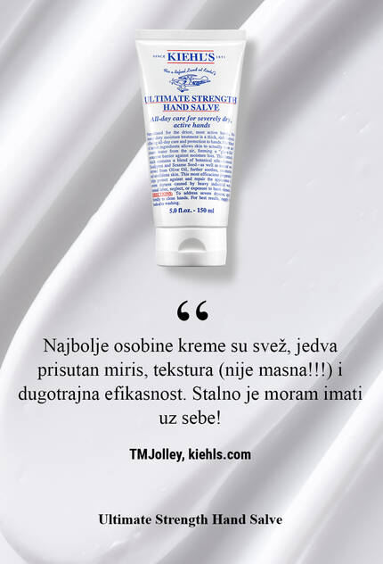 Туба с крем за ръце "Ultimate Strength Hand Salve" на Kiehl's, поставена на бяла вълнообразна повърхност. Текстът обяснява характеристиките на продукта.