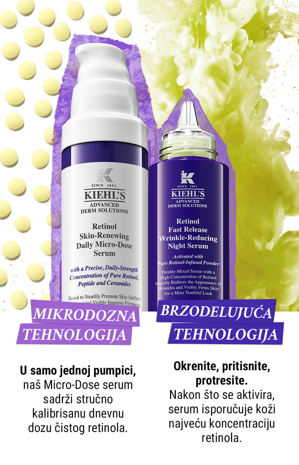 Alternativni tekst: "Ambalaža Kiehl's proizvoda sa serumi koji sadrže retinol, uz naglasak na tehnologiju mikrodoziranja i brzdodeljuču tehnologiju."